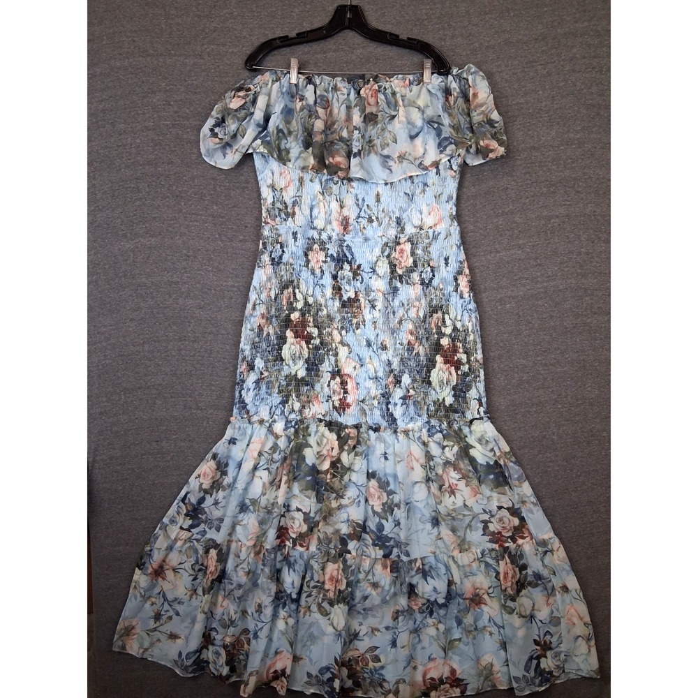 Balticborn Dress 2XL Blue Floral Amalfi Maxi Smocked Off Shoulder Drop Waist